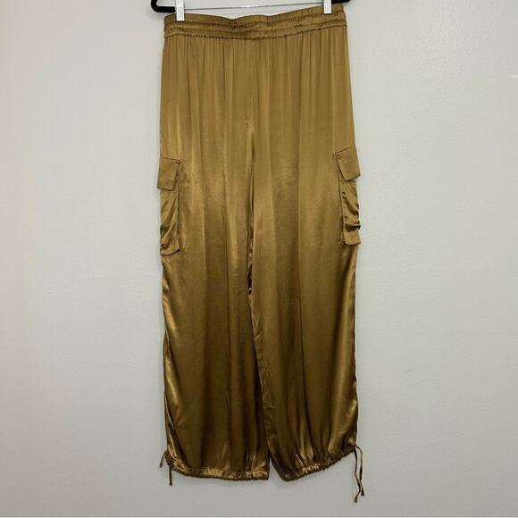 Rachel Zoe Relaxed Satin Drawstring Cargo Joggers Metallic Gold Bronze Large - Picture 7 of 10